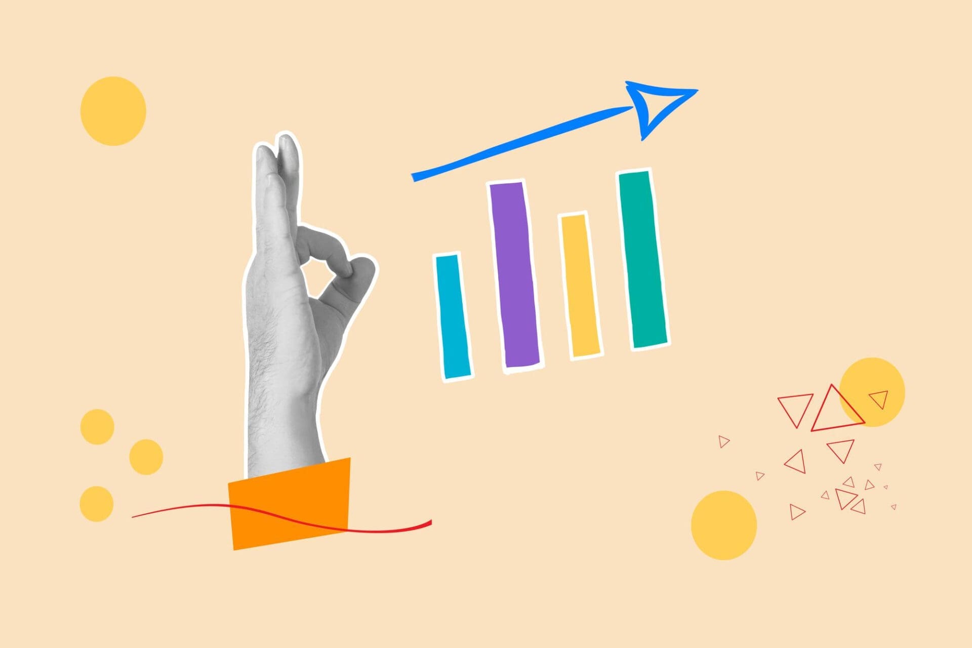 Conceptual collage showing a hand making an "OK" gesture next to a bar chart with an upward-trending arrow.