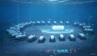 Submerged data center modules in a circular arrangement on the ocean floor, connected by glowing circuits, with Chinese text.
