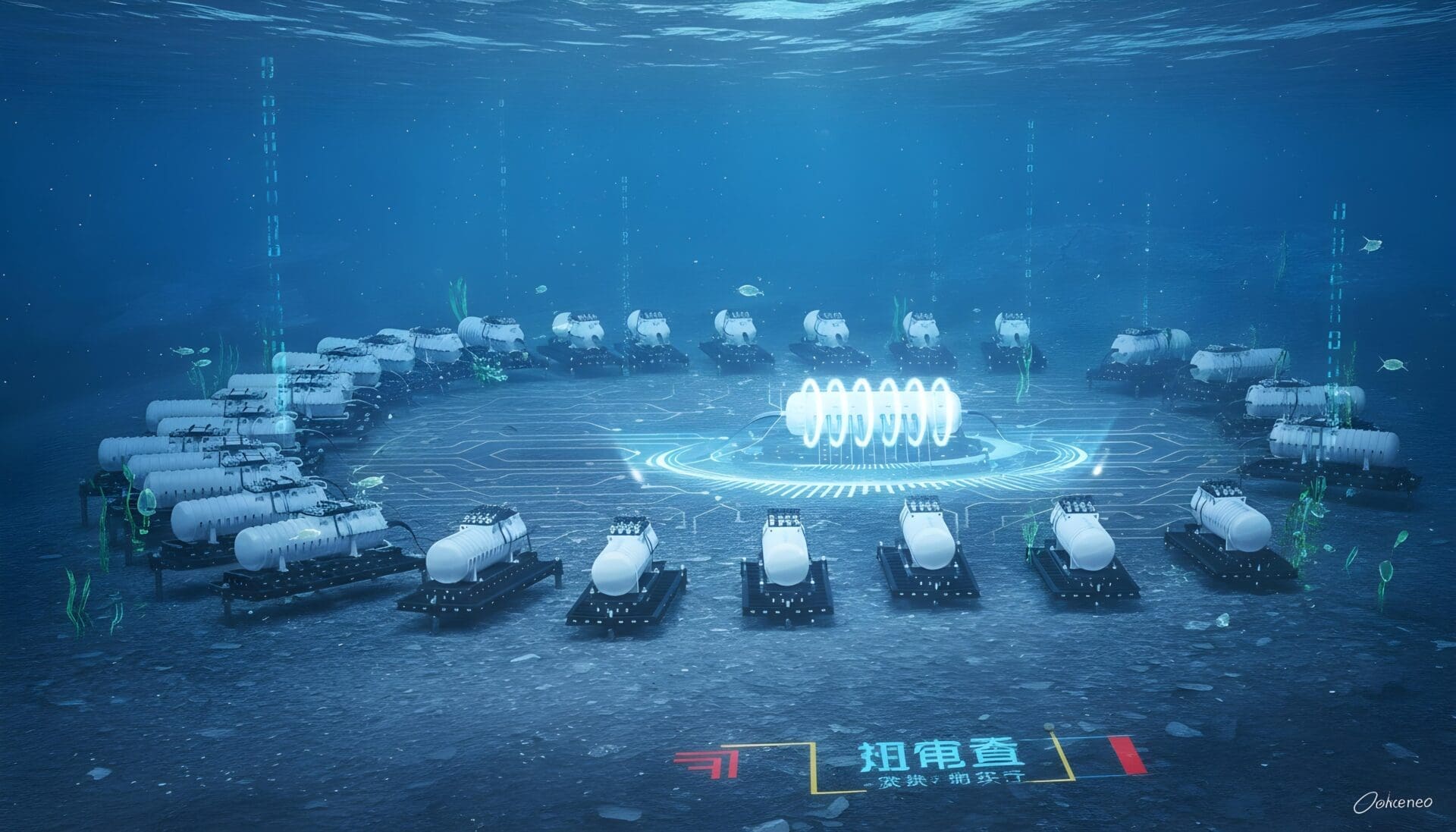 Submerged data center modules in a circular arrangement on the ocean floor, connected by glowing circuits, with Chinese text.