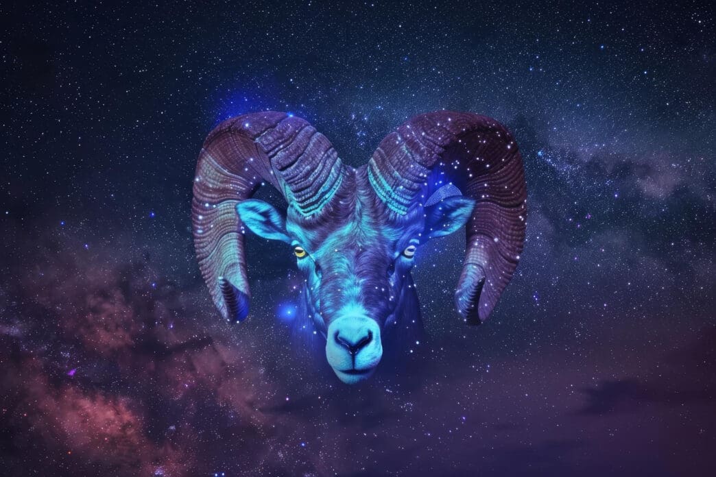 The head of a majestic ram with massive horns, glowing intensely with blue and purple cosmic energy against a starry nebula