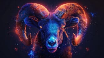 A dramatic, close-up digital painting of a ram's head and horns glowing with intense blue and orange cosmic light.