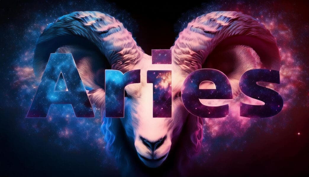 A stylized ram's head glowing with blue and pink light, overlaid with the word "Aries" featuring a galaxy texture.
