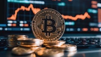 Gold physical Bitcoin coin standing vertically on a laptop keyboard with stacks of other coins, against a screen showing a volatile orange financial chart.