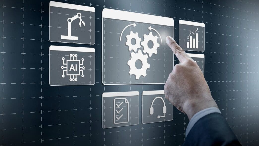 A hand touches a central digital icon showing three gears with a circular arrow, surrounded by icons for robotics, AI, data, tasks, and support.