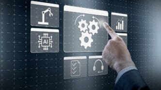 A hand touches a central digital icon showing three gears with a circular arrow, surrounded by icons for robotics, AI, data, tasks, and support.