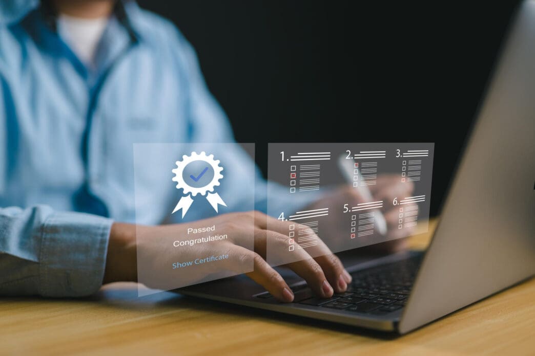 Person receiving a digital certificate of achievement on a laptop screen