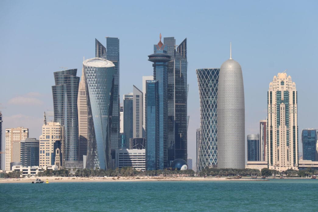 The modern skyline of Doha, Qatar, viewed from the sea