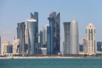 The modern skyline of Doha, Qatar, viewed from the sea