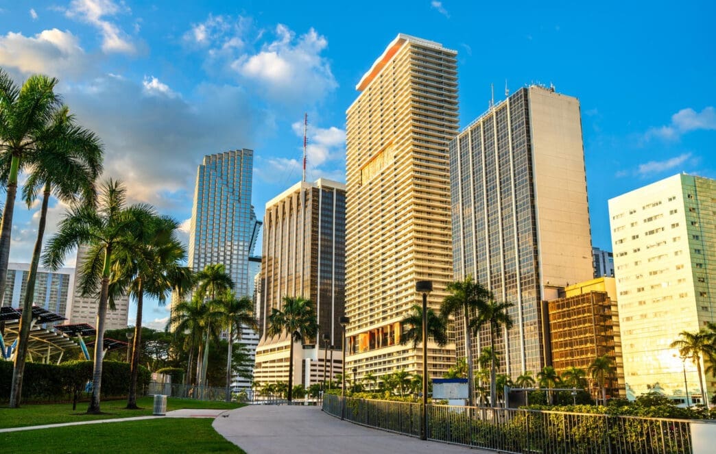 View of tall, modern skyscrapers in downtown Miami rising behind a green park with palm trees.