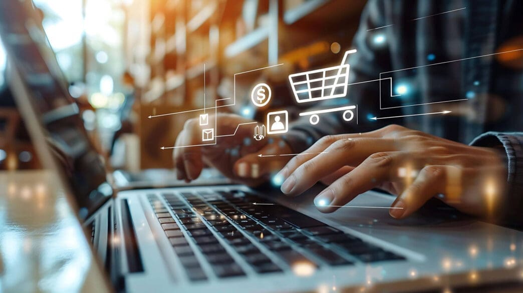 A person's hands type on a laptop, with glowing digital icons for online shopping floating above.