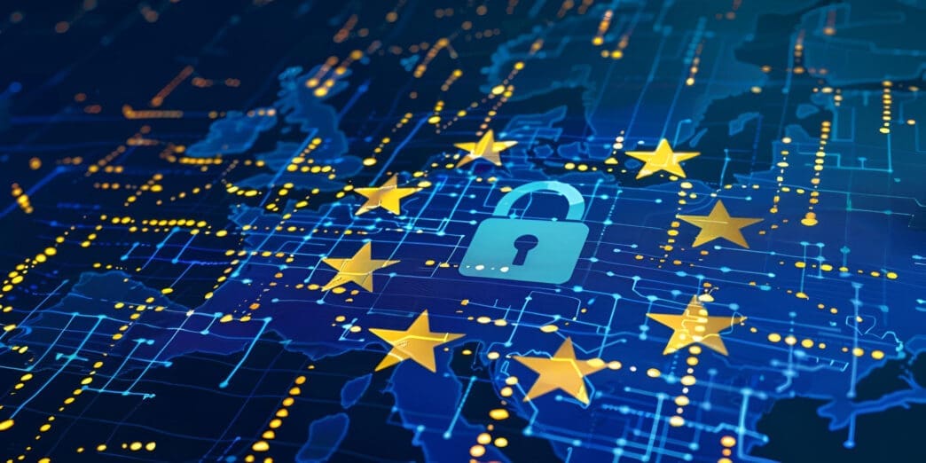 A digital map of Europe is overlaid with EU stars, a lock icon, and glowing nodes.