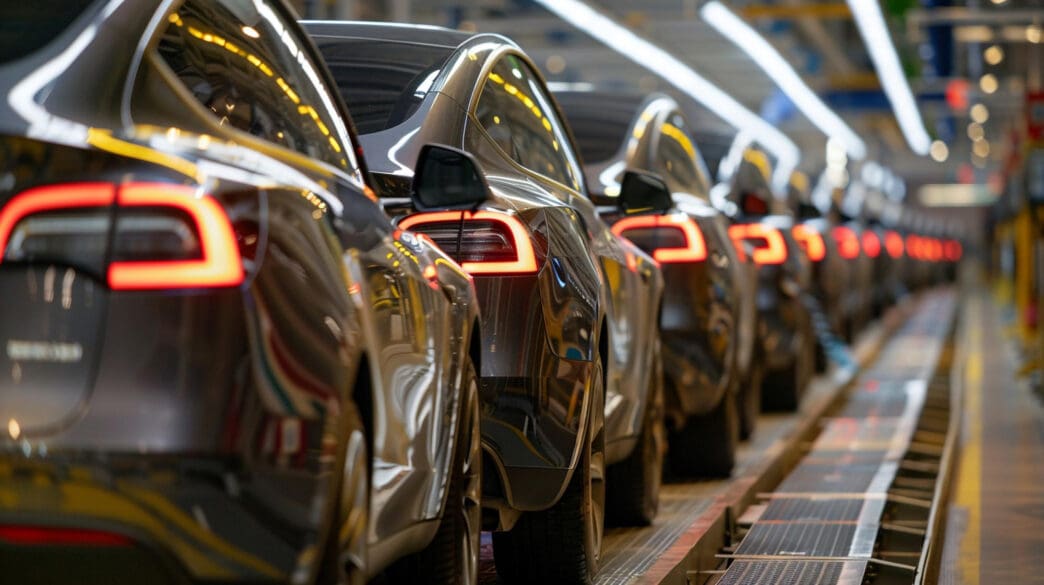 New black electric cars with illuminated tail lights line up on an automotive production floor.