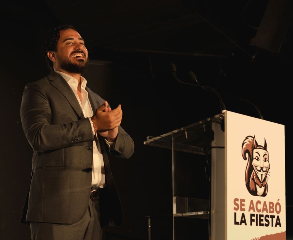 Spanish outsider politician and influencer Alvise Pérez in a political rally celebrating the result of his party 'Se acabó la Fiesta' (SALF) in European Elections 2024