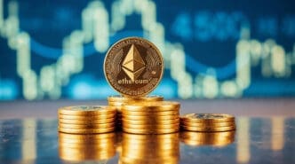 A gold Ethereum coin sits on stacks of other coins in front of a blue stock market chart.