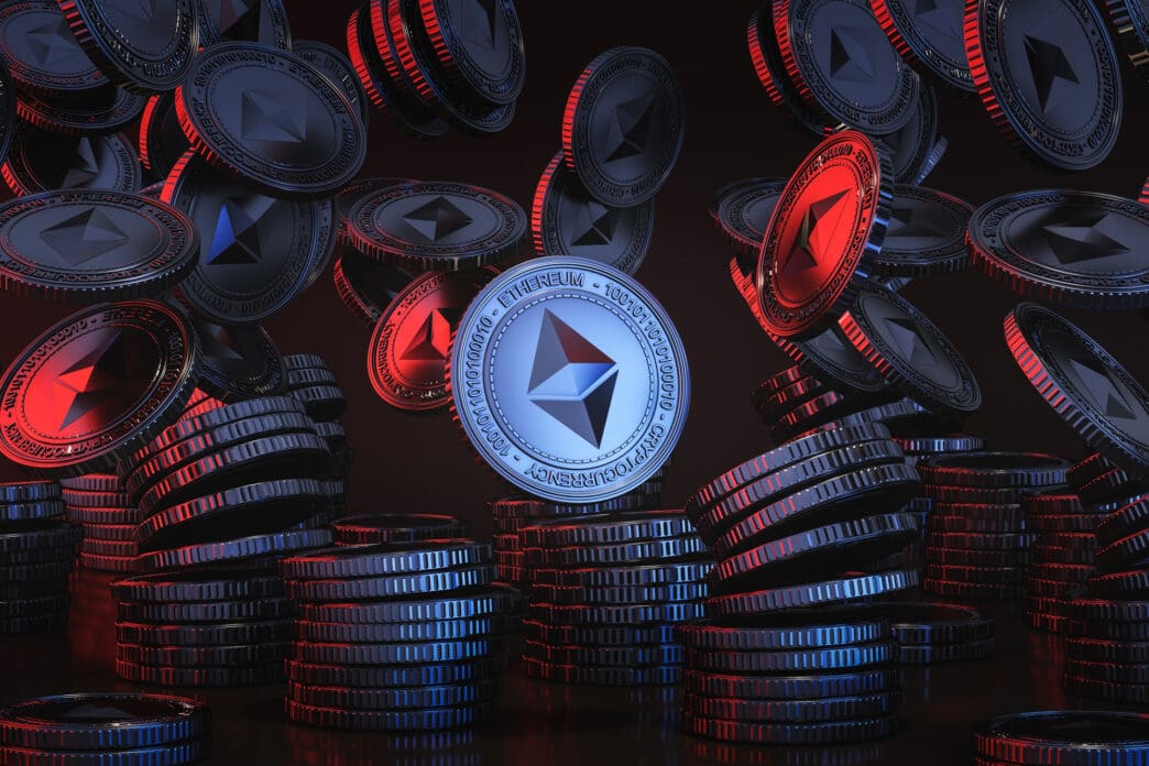 A 3D render of Ethereum coins, with one blue coin centered among red-lit falling coins.