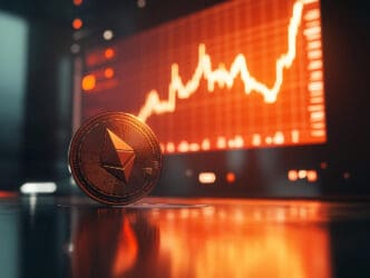 A physical Ethereum coin standing upright against a dark background with a sharply rising orange graph.