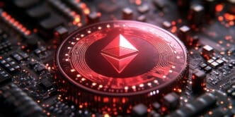 A glowing, red, digital representation of the Ethereum coin and logo is embedded onto a dark, illuminated electronic circuit board.