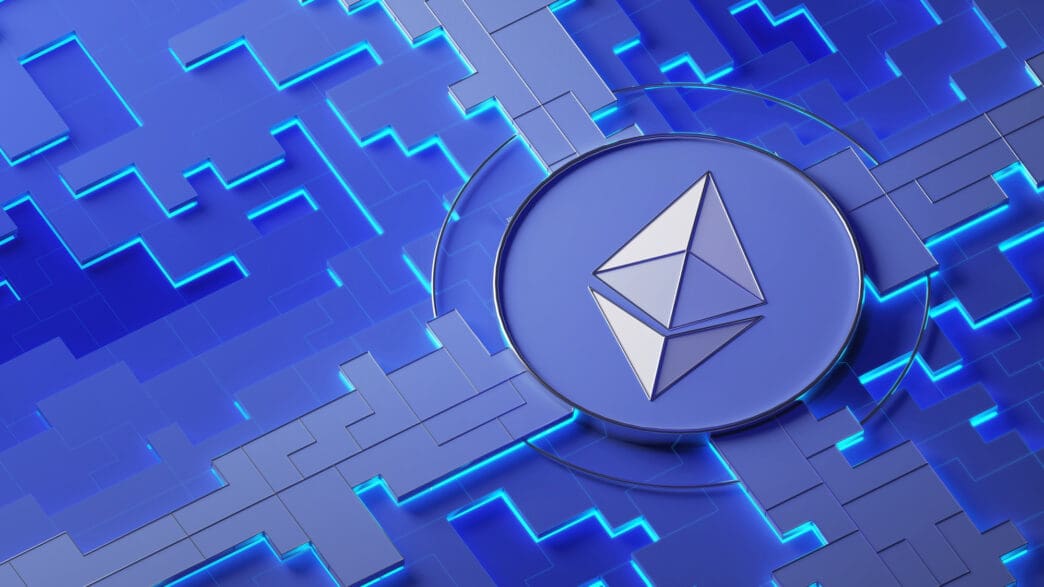 A 3D render of the Ethereum logo in a circular frame over a futuristic, blue, glowing technological background of interlocking squares.