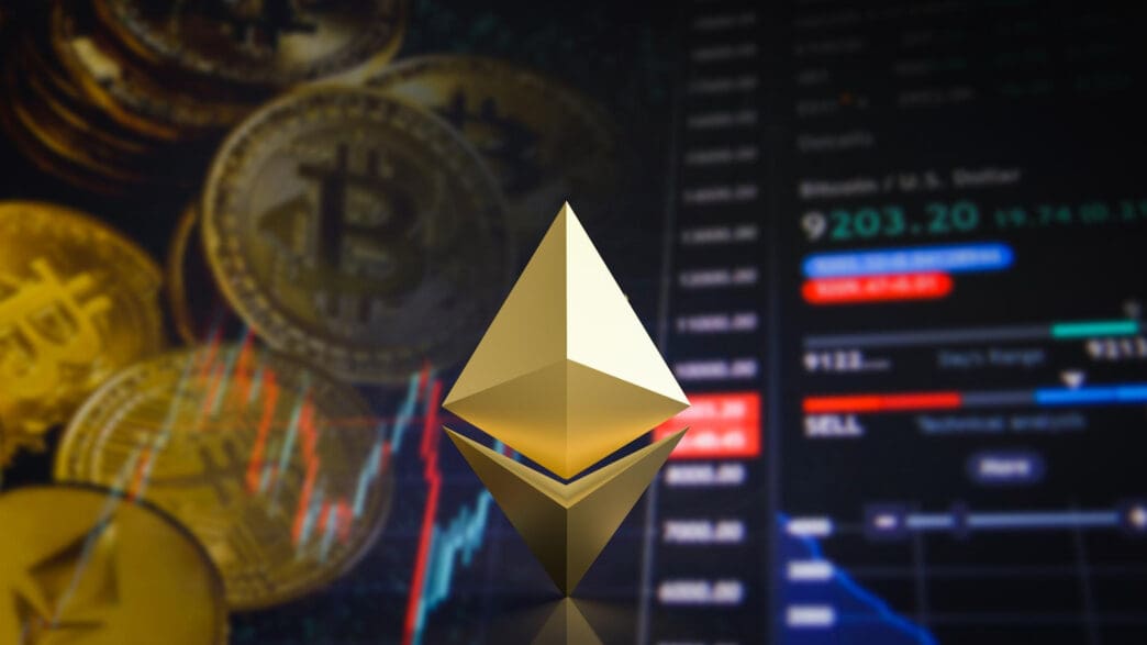 The golden Ethereum logo is superimposed over a background of Bitcoin coins and a digital cryptocurrency market chart.