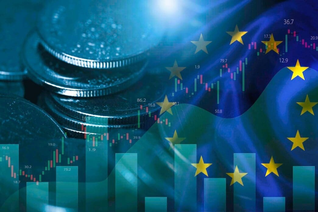 A digital composite showing Euro coins, a financial chart overlay, and the European Union flag.