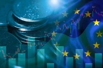 A digital composite showing Euro coins, a financial chart overlay, and the European Union flag.
