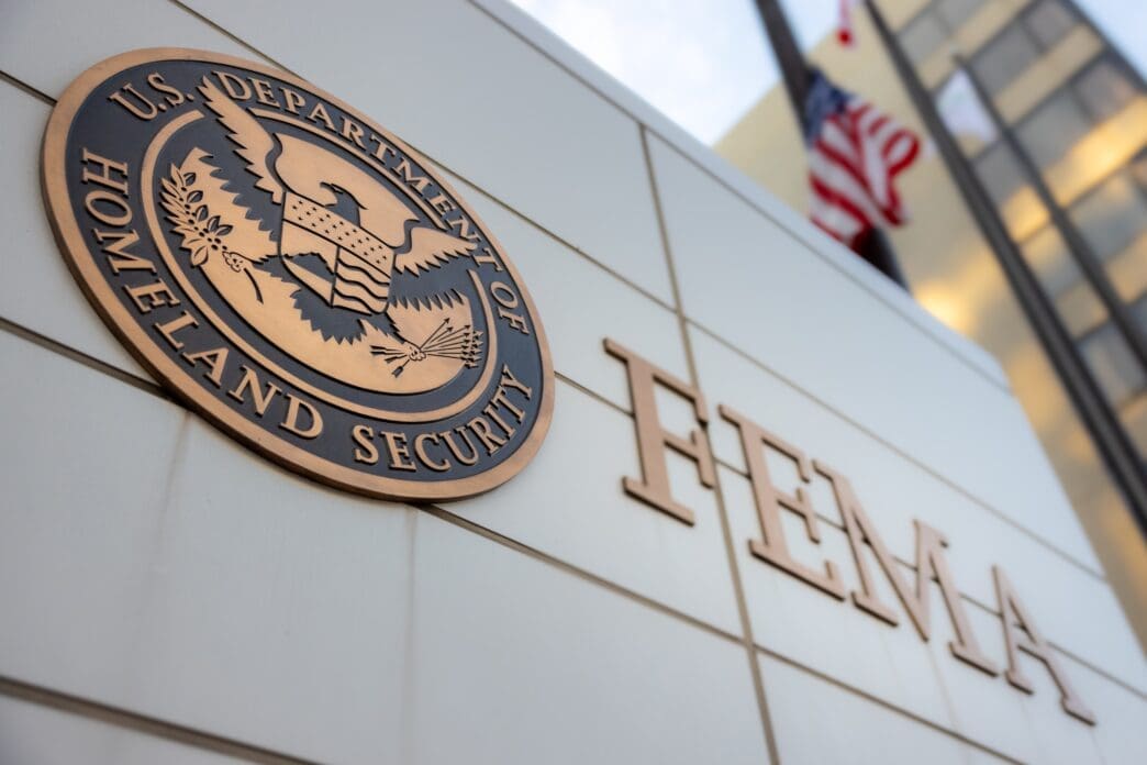 Seal of Homeland Security and FEMA sign on a building in Washington, DC.