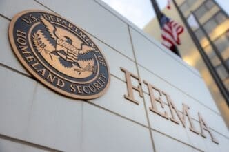 Seal of Homeland Security and FEMA sign on a building in Washington, DC.