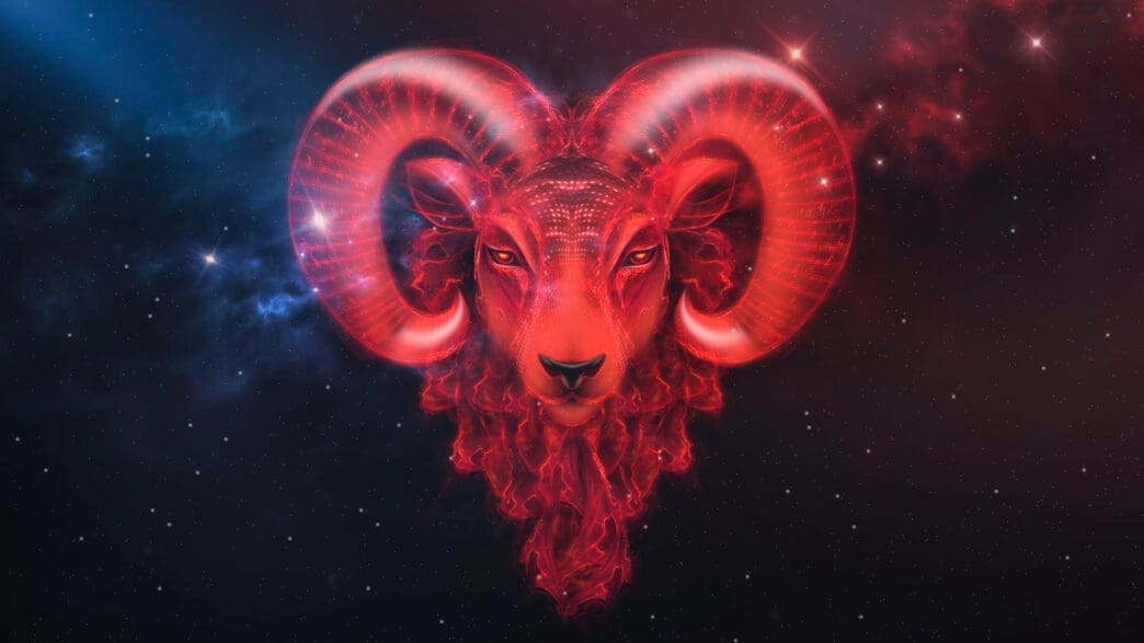 A powerful ram's head glowing with intense red light and energy against a dark, dual-colored cosmic background.