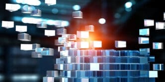 3D rendering of a rising stack of clear, glowing blue cubes with a burst of orange light at the center, representing a data stack
