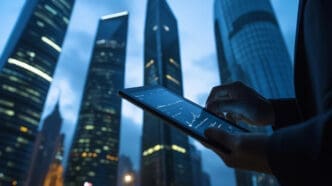 Hands hold a tablet displaying financial charts and data against a backdrop of towering, modern skyscrapers at dusk.