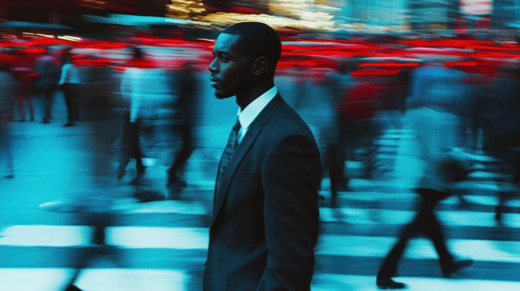A focused man in a suit standing still in a crosswalk while the surrounding city traffic and pedestrians blur with light streaks.