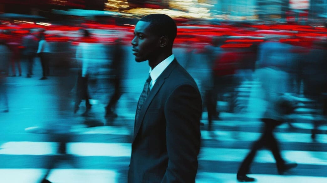 A focused man in a suit standing still in a crosswalk while the surrounding city traffic and pedestrians blur with light streaks.