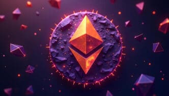 A glowing orange Ethereum logo on a purple, cratered disc, surrounded by floating crystals.
