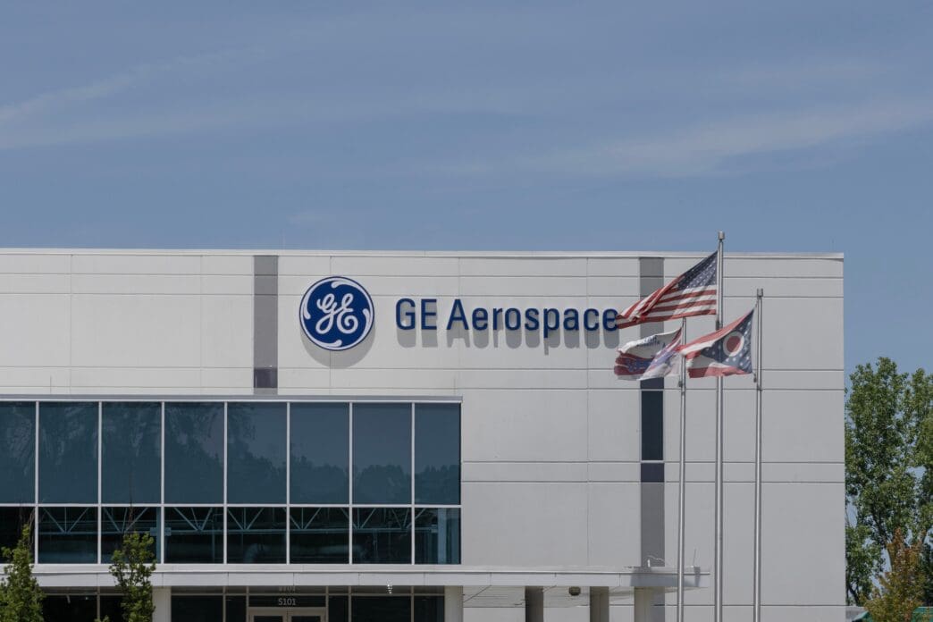 The GE Aerospace logo on its jet engine component manufacturing building in Beavercreek.
