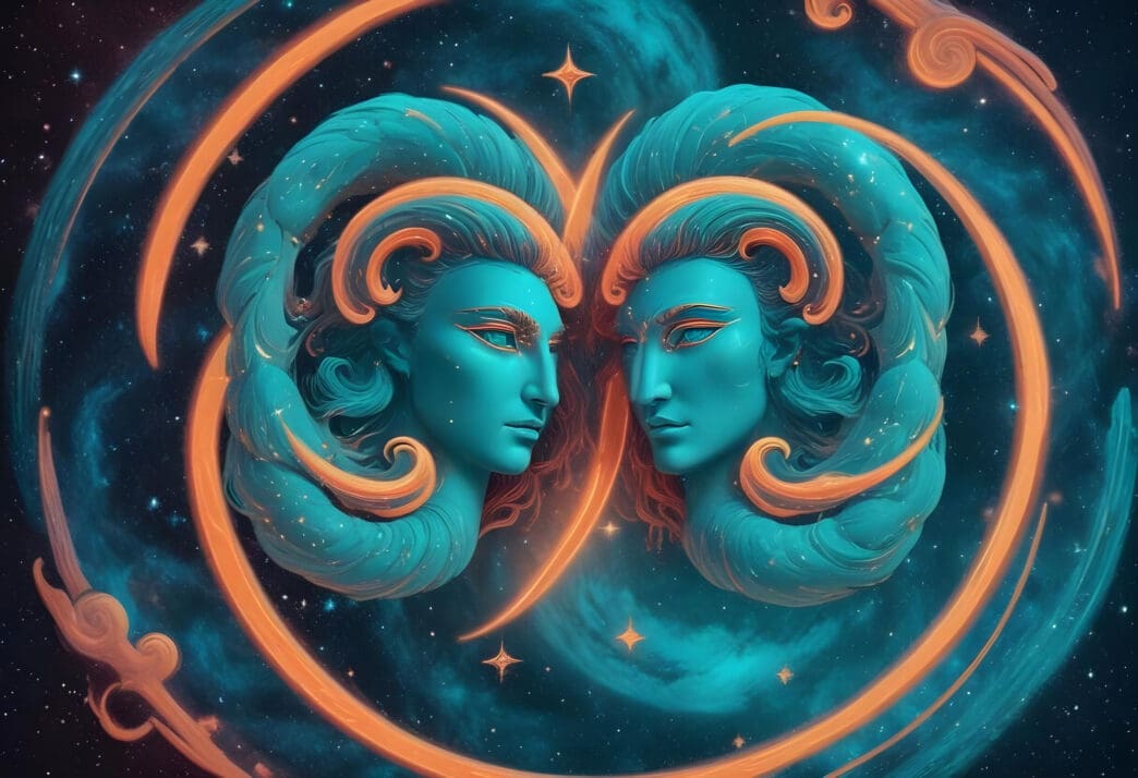 Two stylized blue faces with elaborate horns gaze at each other against a cosmic, star-filled background