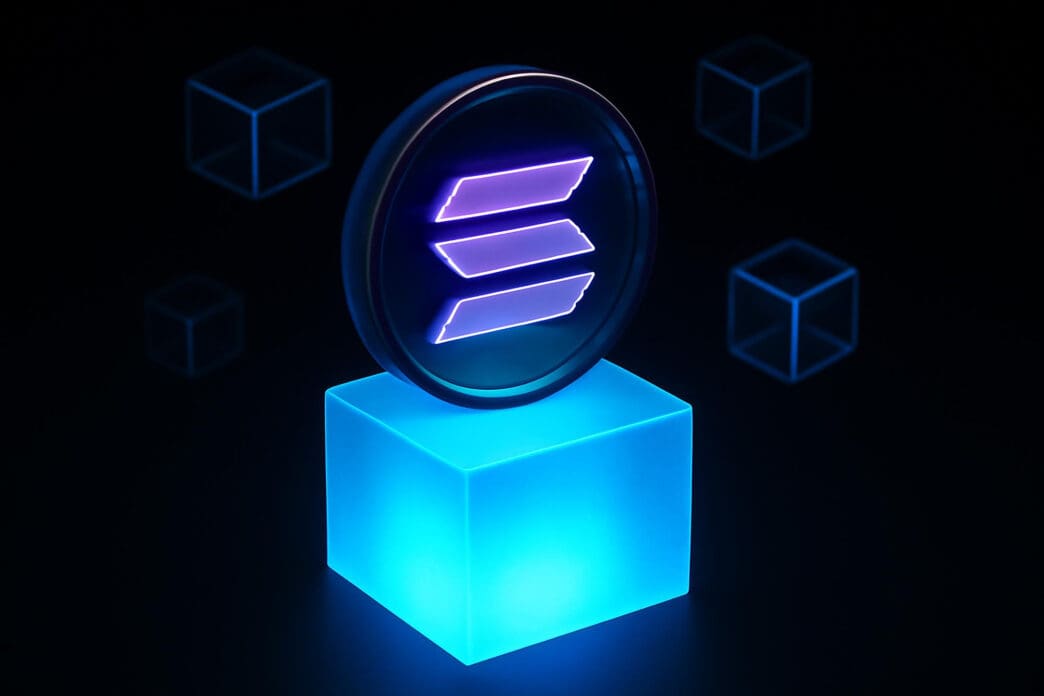 A 3D render of the Solana (SOL) cryptocurrency coin with a glowing purple logo, resting on a bright blue illuminated cube.