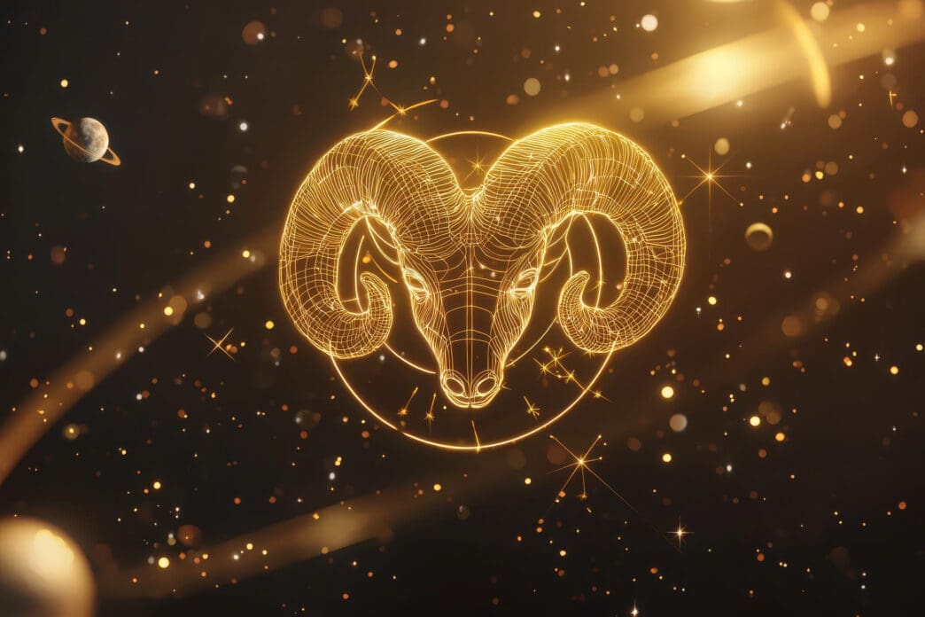 A glowing, golden wireframe illustration of the Aries ram constellation centered in a dramatic cosmic background.