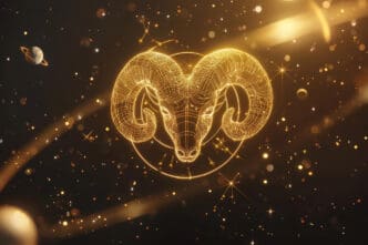 A glowing, golden wireframe illustration of the Aries ram constellation centered in a dramatic cosmic background.
