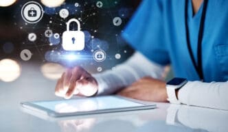 A medical professional using a tablet, overlaid with a glowing digital network featuring a large security lock icon.