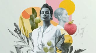 Collage with a doctor, fruit, and botanical elements promoting healthy habits