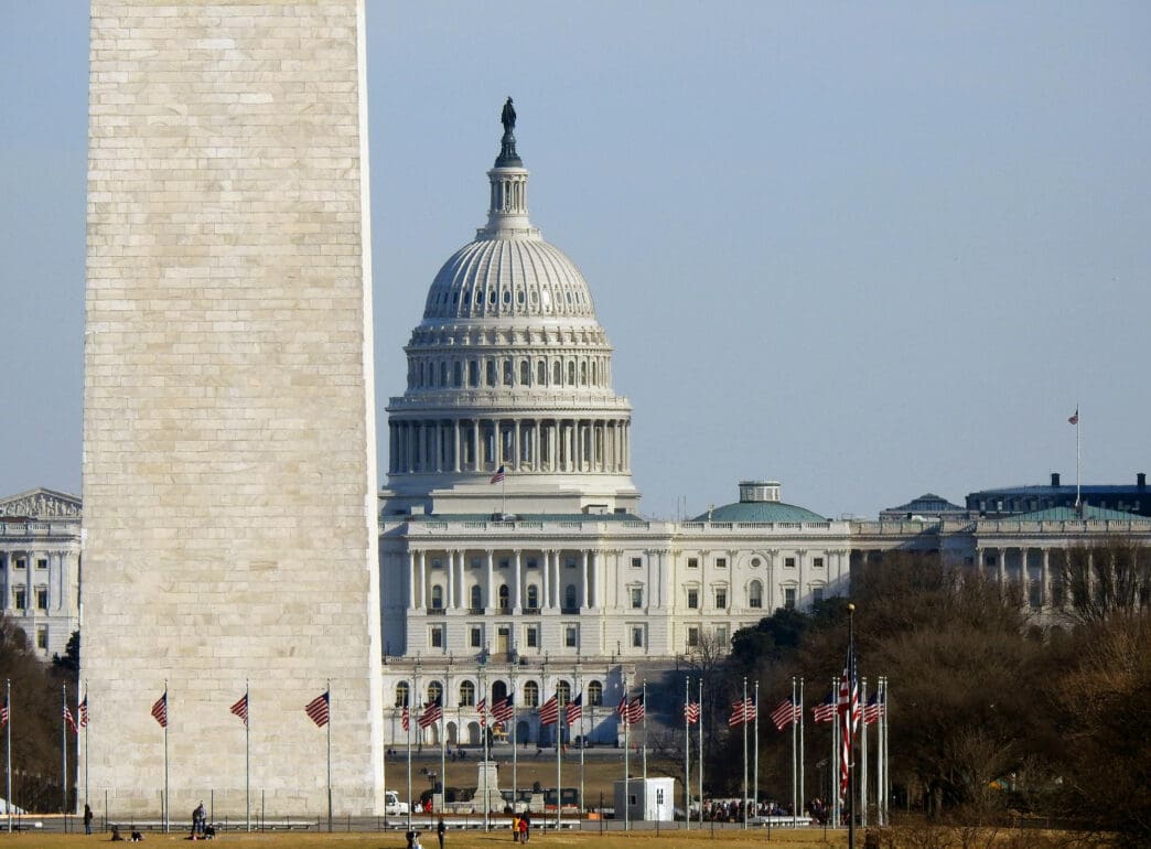 Washington Monument and US Capitol building with American flags