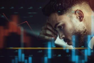 A concerned investor contemplates a falling stock market chart in a composite, stylized image showing financial risk.