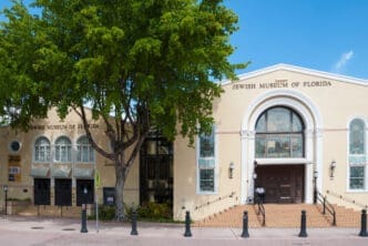 The exterior facade of the Jewish Museum of Florida in Miami South Beach on a sunny day.