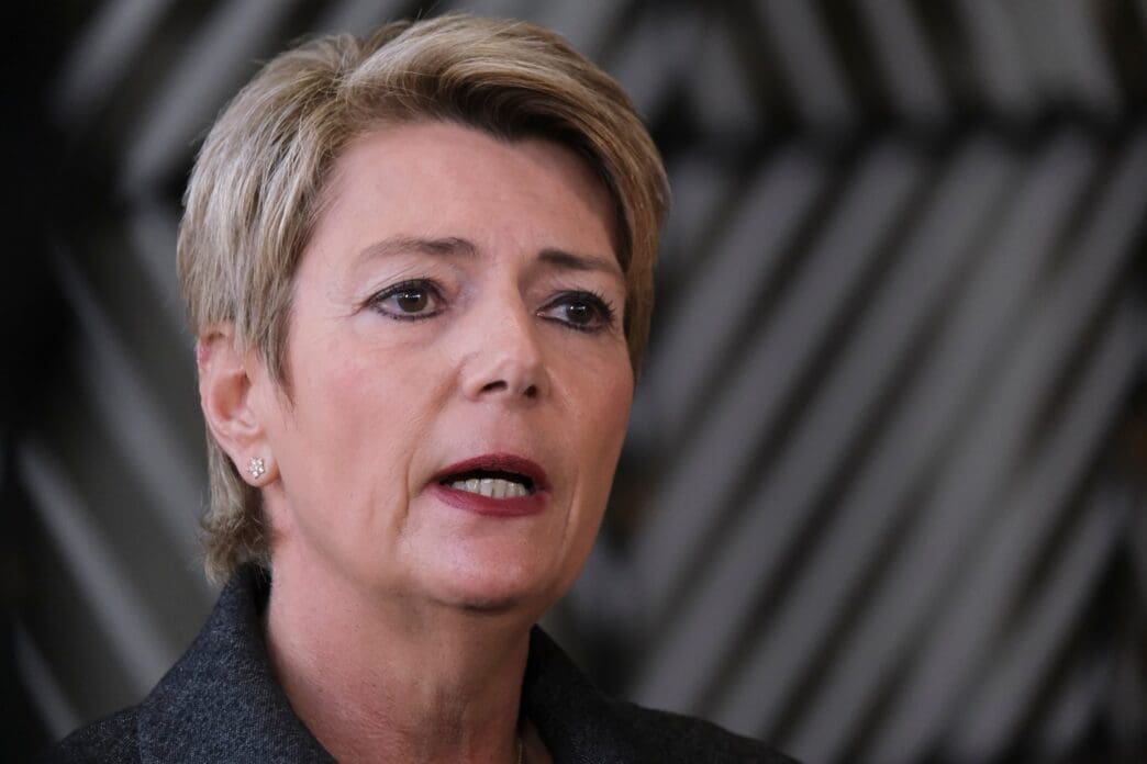Close-up of Swiss Federal Councillor Karin Keller-Sutter speaking to the press with a serious expression