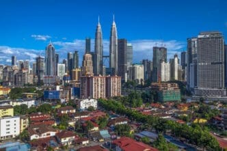 A wide daytime skyline of Kuala Lumpur, Malaysia, featuring the Petronas Towers.