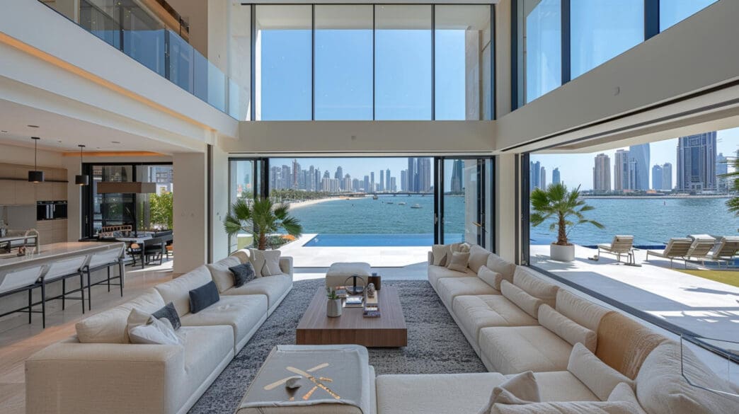Modern luxury living room opening to an infinity pool and a city skyline view.