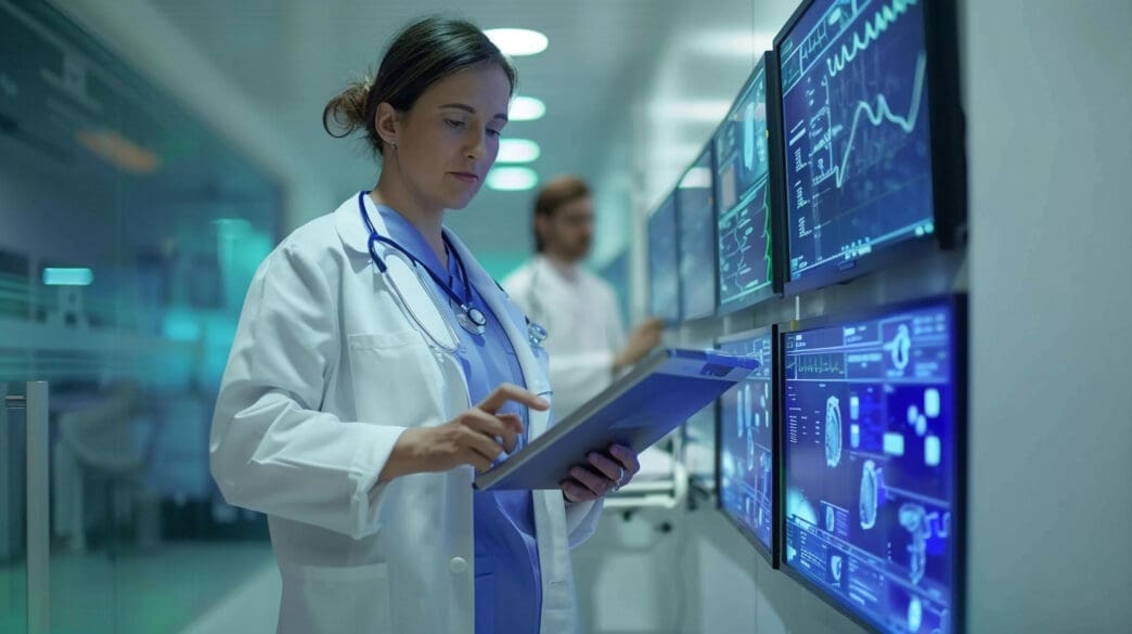 A doctor analyzes data on a tablet next to large screens showing complex medical diagnostics in a high-tech facility