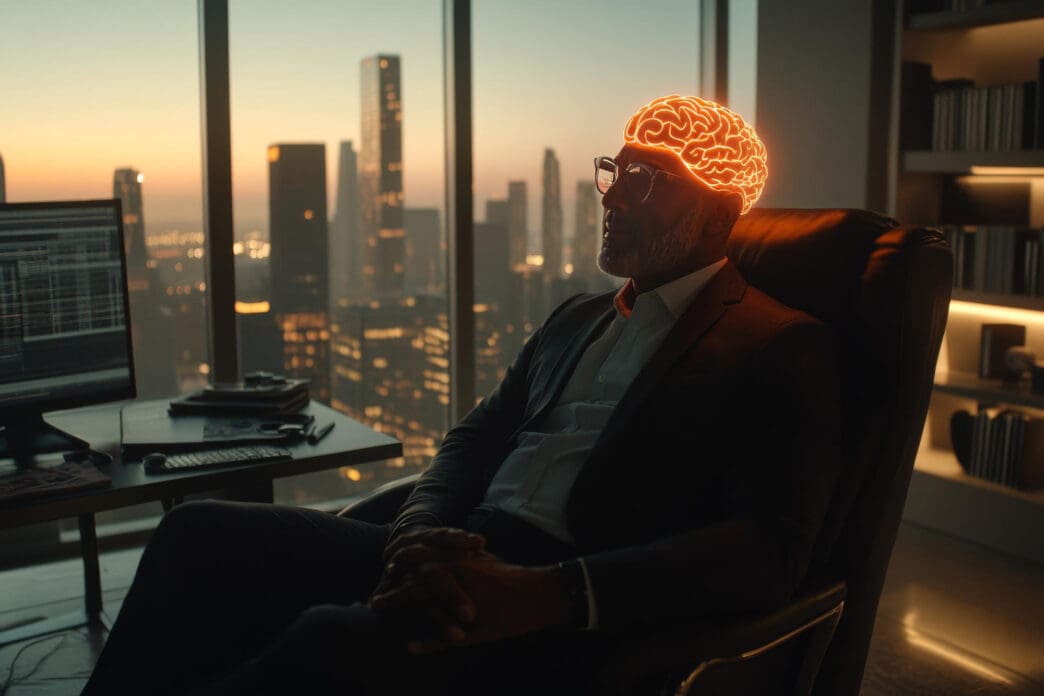 Man in suit with glowing brain contemplating in office overlooking city