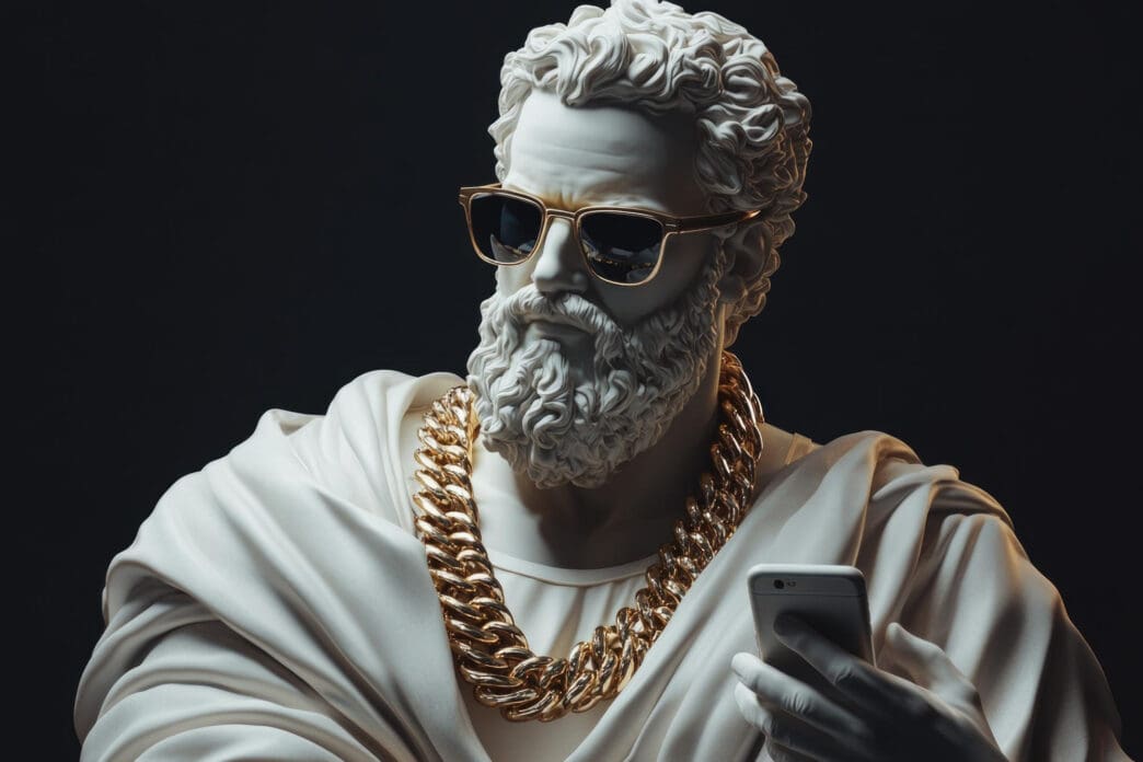 Marble bust of a man with sunglasses, gold chain, and phone