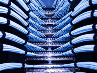 Neatly organized blue network cables plugged into servers in a data center rack.
